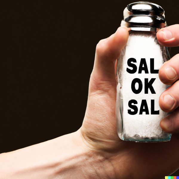 A picture of a hand holding a salt shaker with some random letters, generated by DALL-E