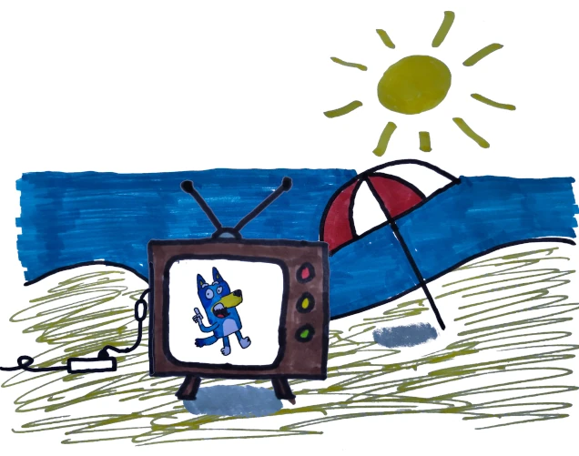 A crude drawing of a tv with a legally-safe knock-off Bluey, standing on a beach with a parasol, with a Chromecast connected to an extension cord that leads off-screen